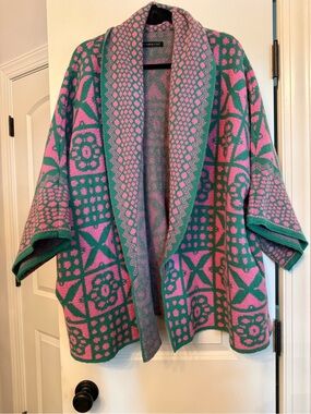 Cozy Pink and Teal Geometric Open Cardigan Cape